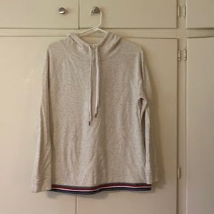 Soft terry hoodie. Heather grey. Blue and red edges. Size L